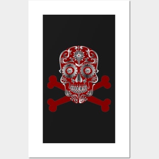 Red Sugar Skull Day Of The Dead Skull And Crossbones Posters and Art